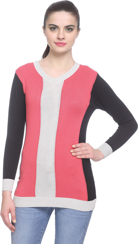 Miss Grace Self Design V-neck Party Women Red Sweater