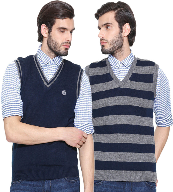 Sports 52 Wear Striped V-neck Casual Men Reversible Dark Blue Sweater