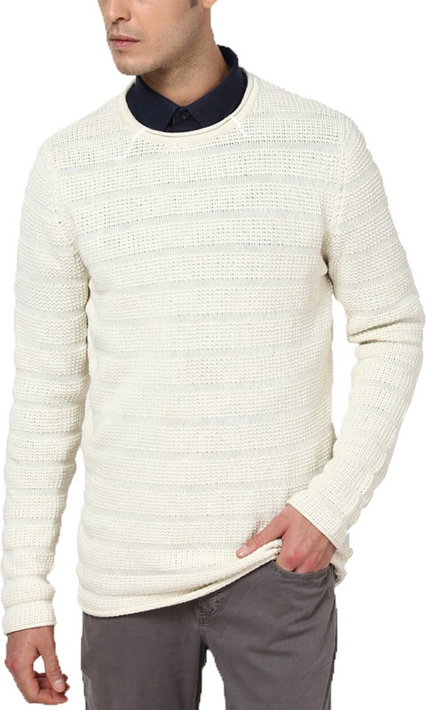Jack & Jones Self Design Round Neck Casual Men White Sweater