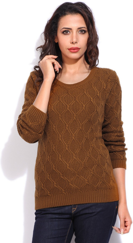 Van Heusen Self Design Round Neck Casual Women Brown Sweater