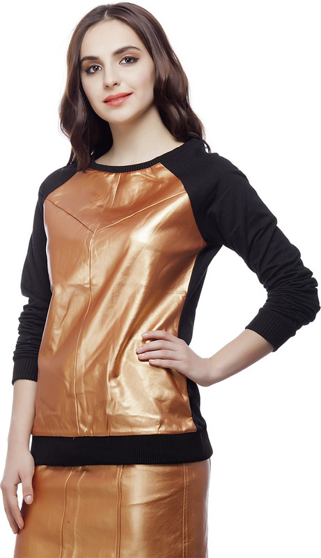 August Street Solid Round Neck Party Women Black Sweater