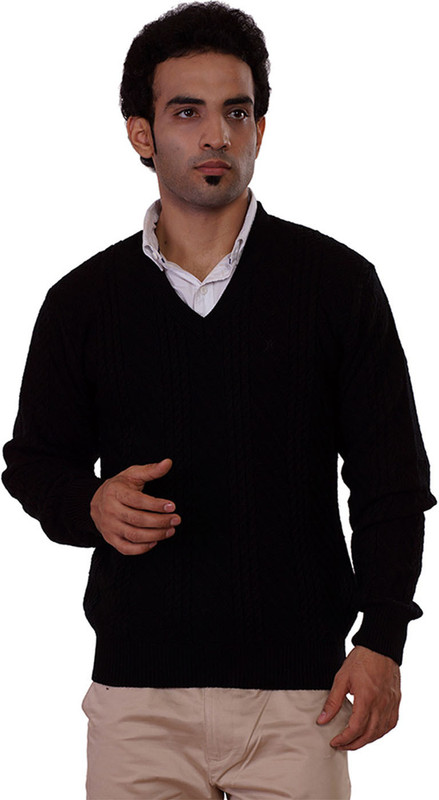 Pierre Carlo Self Design V-neck Casual Men Black Sweater