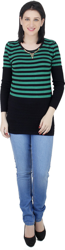 Camey Striped Round Neck Casual Women Green Sweater