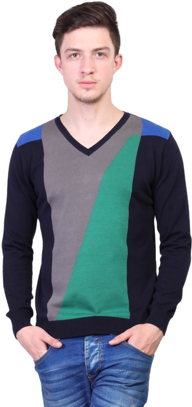 Kalt Solid V-neck Casual Men Blue Sweater