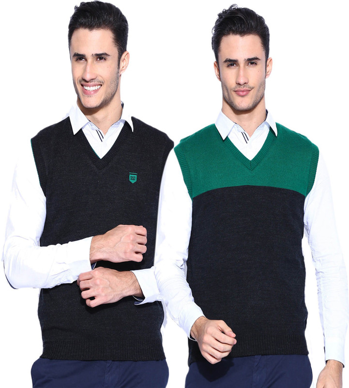 Sports 52 Wear Solid V-neck Casual Men Reversible Green Sweater