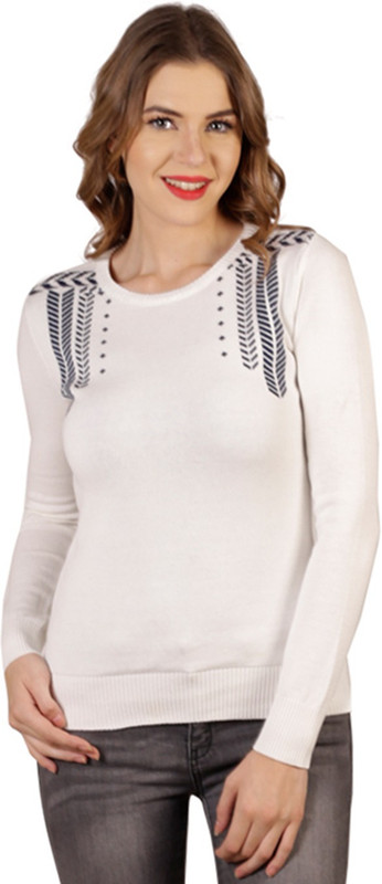 Ausehen Printed Round Neck Casual Women White, Blue Sweater