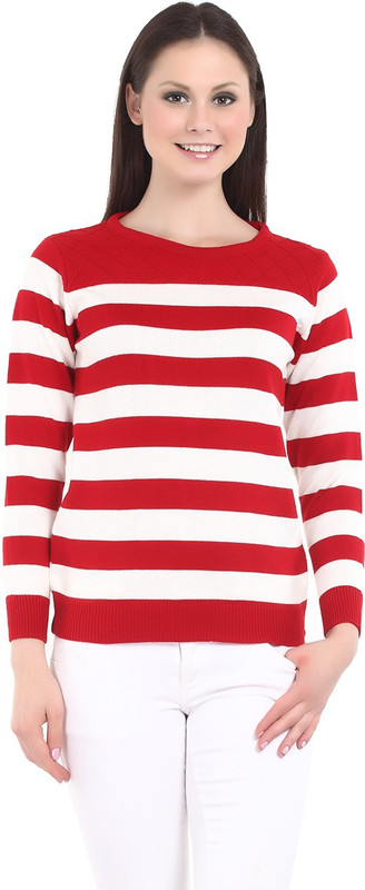 Miss Grace Striped Round Neck Casual Women Red Sweater