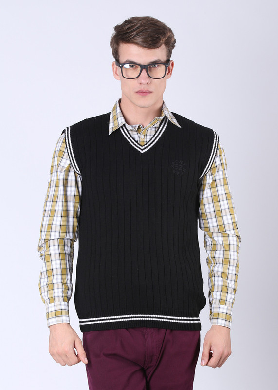 Sports 52 Wear Striped V-neck Casual Men Black Sweater