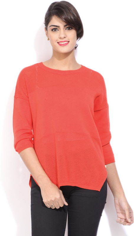 United Colors of Benetton Self Design Round Neck Casual Women Orange Sweater