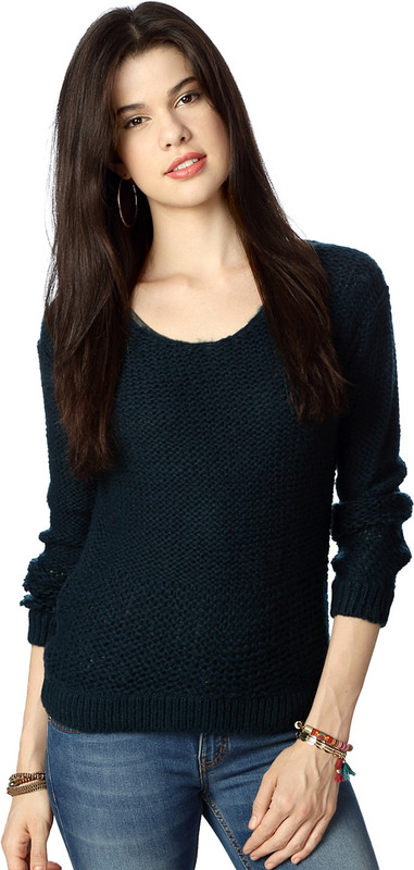 People Woven Round Neck Casual Women Dark Blue Sweater