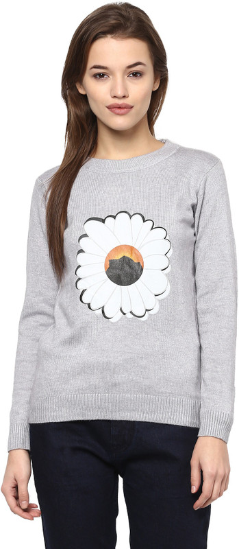 Camey Floral Print Round Neck Casual Women Grey Sweater