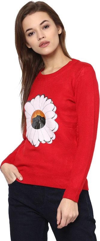 Camey Floral Print Round Neck Casual Women Red Sweater