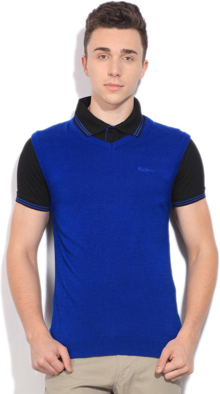 Pepe Jeans Solid V-neck Casual Men Blue Sweater