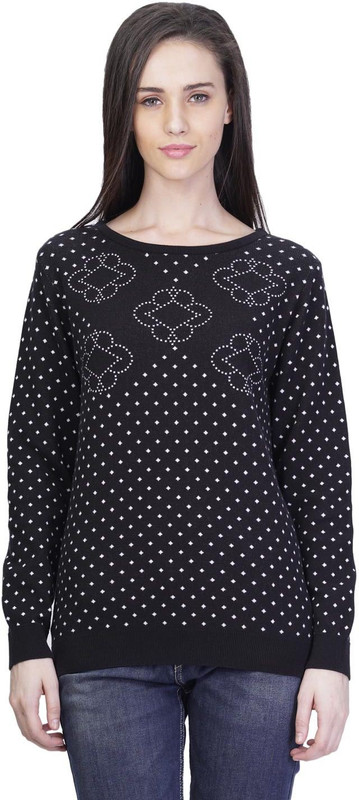 Kalt Self Design Round Neck Casual Women Black Sweater