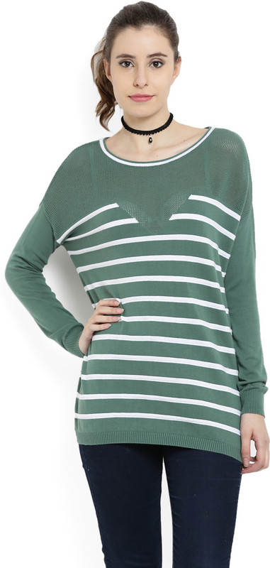 United Colors of Benetton Striped Round Neck Casual Women Green, White Sweater