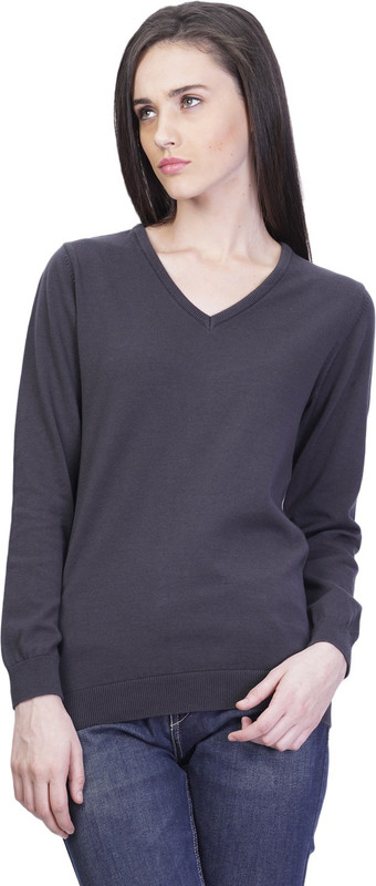 Kalt Solid V-neck Casual Women Grey Sweater