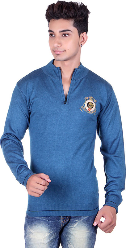 Pierre Carlo Solid V-neck Casual Men Blue Sweater