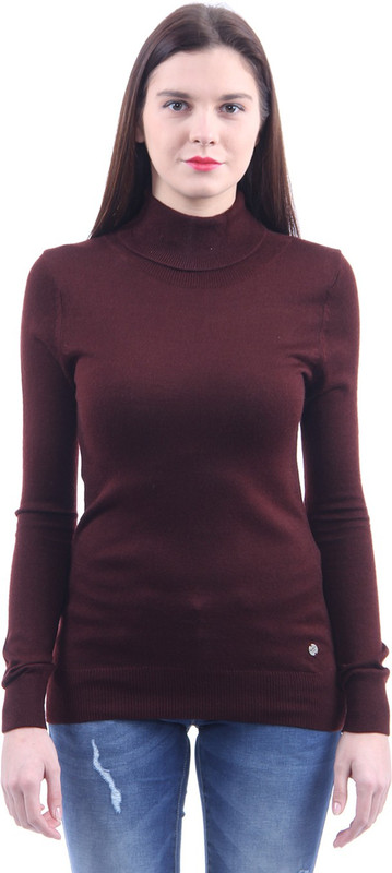 Pepe Jeans Solid Turtle Neck Casual Women Maroon Sweater