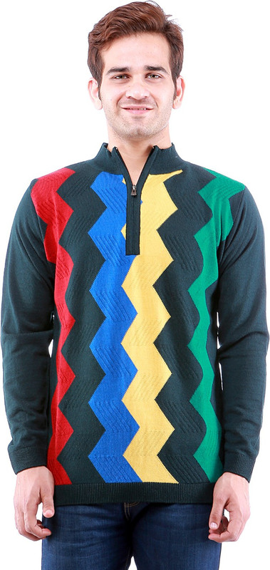 Dee Venice Geometric Print Turtle Neck Casual Men Dark Blue Sweater