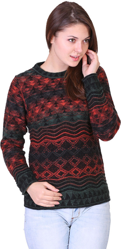 Miss Grace Self Design Round Neck Casual Women Green, Orange Sweater