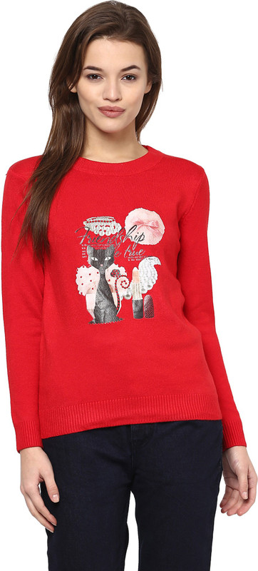 Camey Animal Print Round Neck Casual Women Red Sweater
