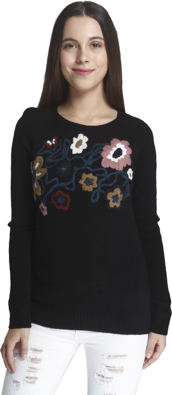 Vero Moda Embroidered Round Neck Casual Women Black Sweater