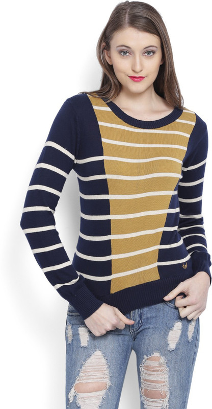 Flying Machine Striped Round Neck Casual Women Dark Blue Sweater