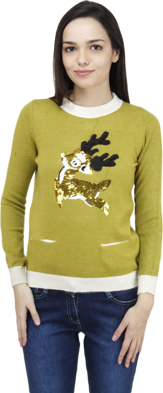 Camey Embellished Round Neck Casual Women Green Sweater