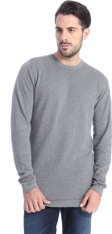 Jack & Jones Solid Round Neck Casual Men Grey Sweater