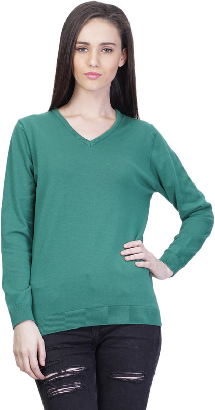 Kalt Solid V-neck Casual Women Green Sweater