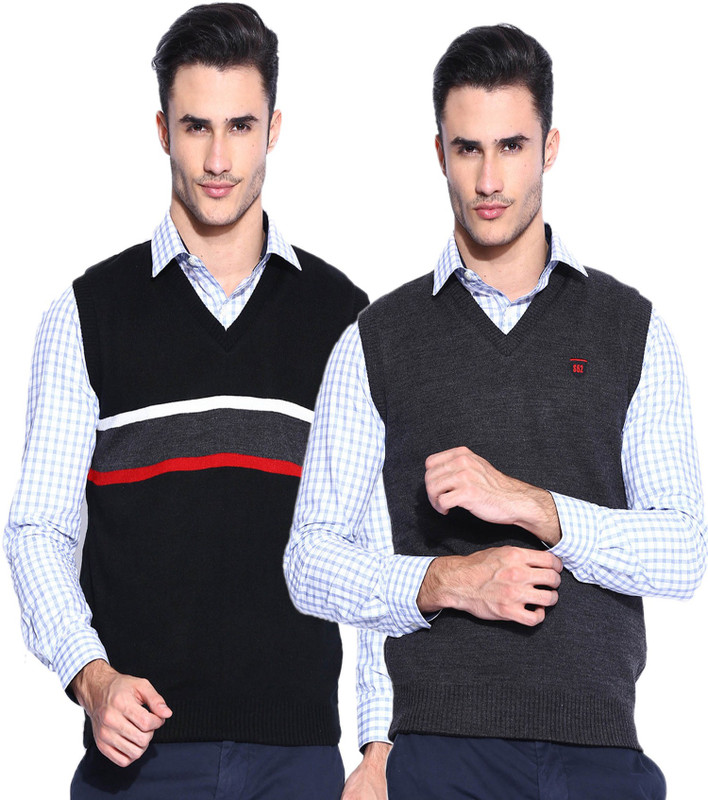 Sports 52 Wear Striped V-neck Casual Men Reversible Black Sweater