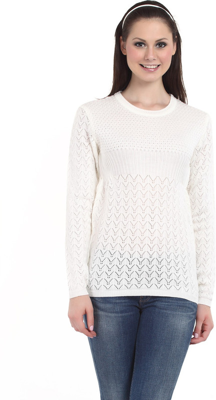 Miss Grace Self Design Round Neck Casual Women White Sweater