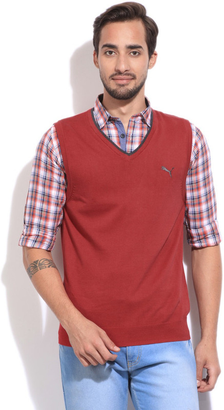 Puma Solid V-neck Casual Men Maroon sweater