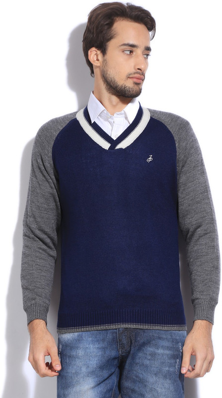 John Players Solid V-neck Casual Men Grey, Blue Sweater