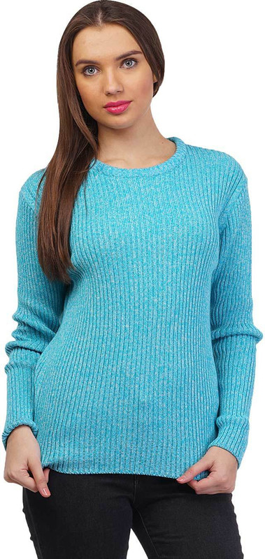 Kalt Self Design Round Neck Casual Women Blue Sweater