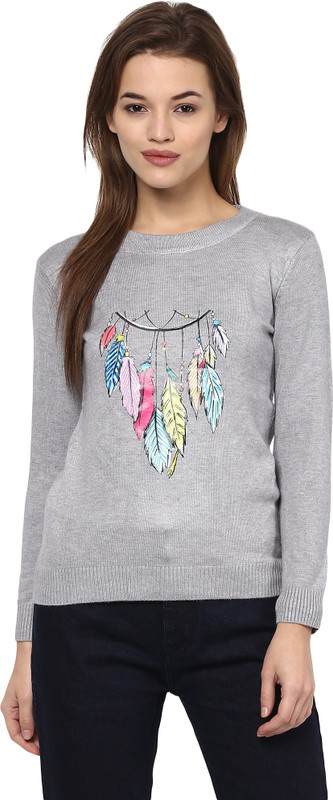 Camey Printed Round Neck Casual Women Grey Sweater