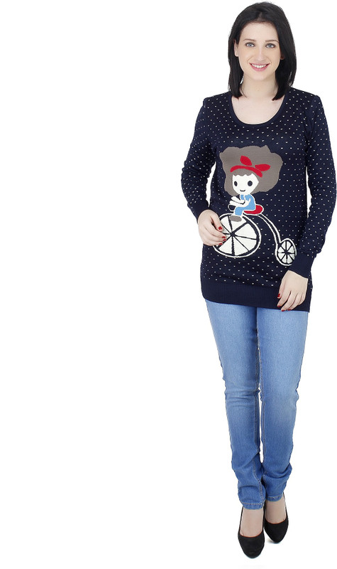 Camey Printed Round Neck Casual Women Black Sweater