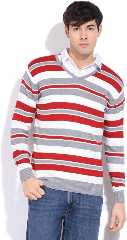 Sports 52 Wear Striped Casual Men Red, Grey, White Sweater