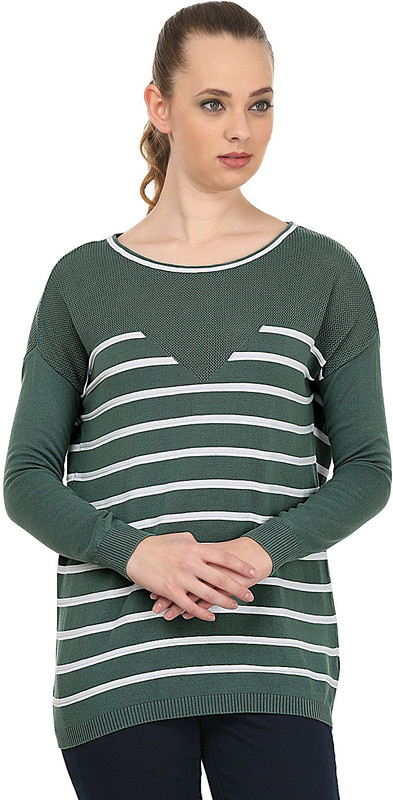 United Colors of Benetton Striped Round Neck Casual Women Dark Green Sweater