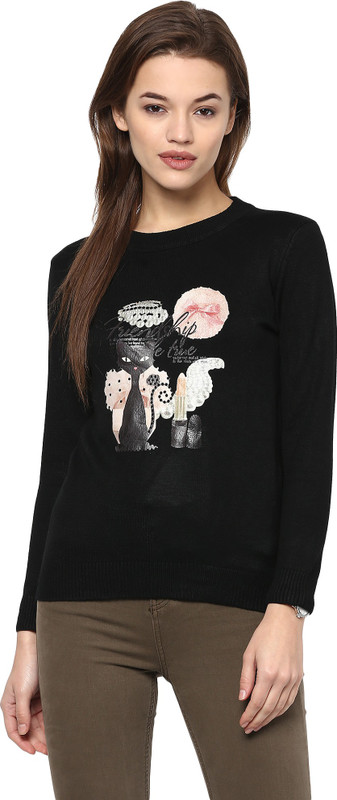 Camey Animal Print Round Neck Casual Women Black Sweater