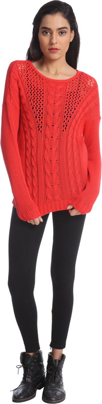 Only Solid Round Neck Casual Women Red Sweater