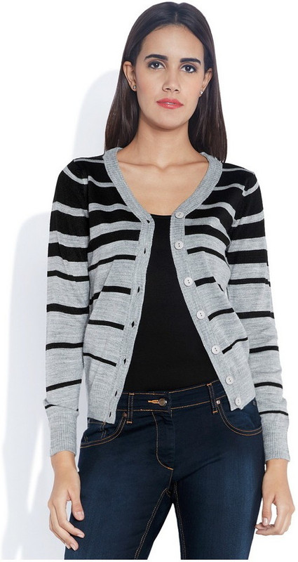 Park Avenue Striped V-neck Women Black Sweater