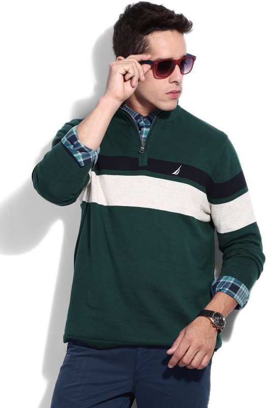 Nautica Striped Casual Men Green Sweater