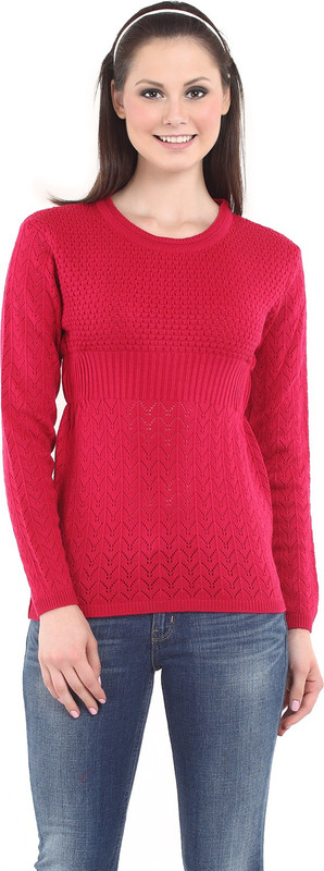 Miss Grace Self Design Round Neck Casual Women Pink Sweater
