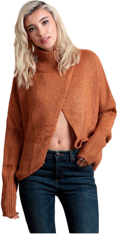 Archon E-commerce Self Design Turtle Neck Party Women Orange Sweater