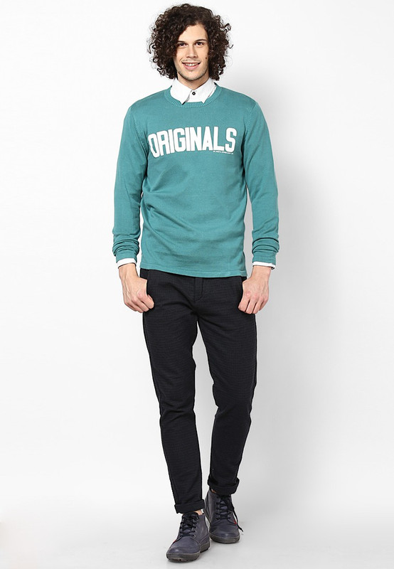 Jack & Jones Graphic Print Round Neck Casual Men Green Sweater