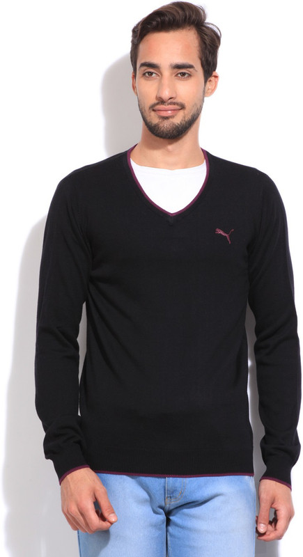 Puma Solid V-neck Casual Men Black sweater