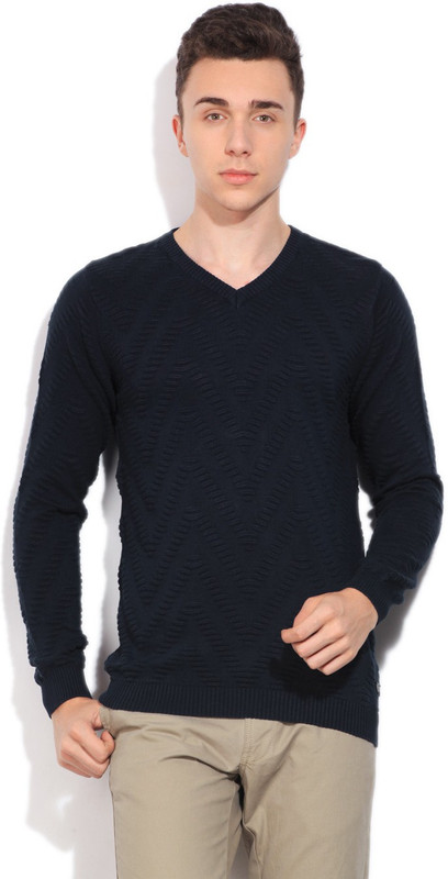 Pepe Jeans Self Design V-neck Casual Men Dark Blue Sweater