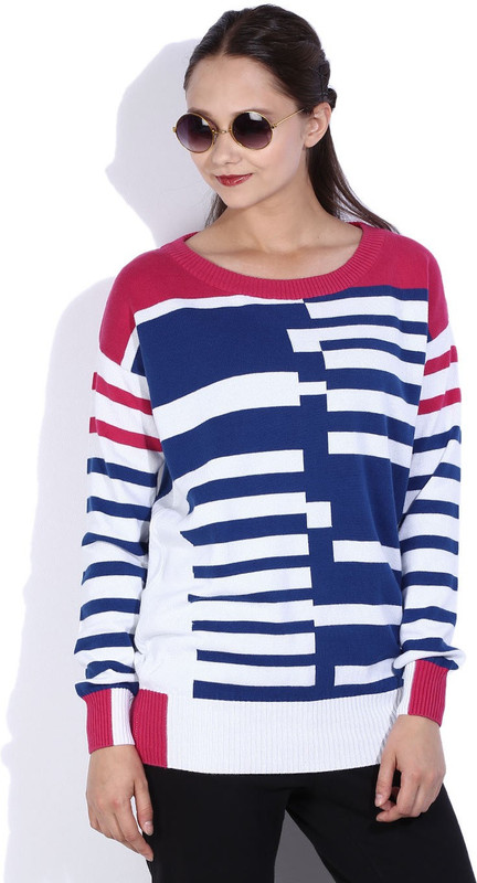 Lee Striped Round Neck Casual Women White, Blue, Pink Sweater