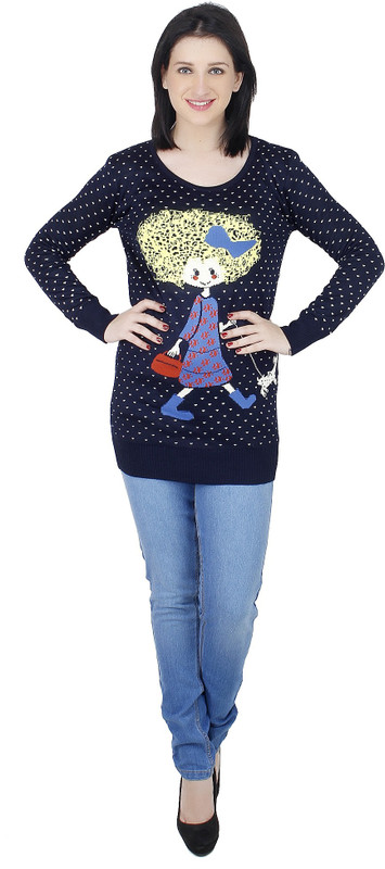 Camey Polka Print Round Neck Casual Women Black Sweater